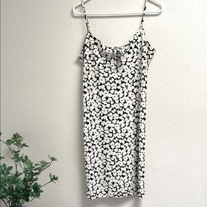 Nine West Cream & Black Floral Polyester Midi Slip Dress, Size Large, Front Tie